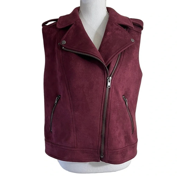 Philosophy Maroon Sleeveless Vest Size Large Collared Zip Up Pockets Faux Suede - Picture 1 of 7